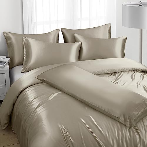 Image of Ersmak 6 Pieces Satin Duvet Cover King Size Luxury Silky Bedding Duvet Cover Set with 1 Soft Duvet Cover, 4 King Pillowcases and 1 Body Pillowcase, Sand