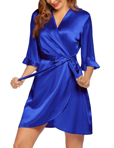 Image of Ekouaer Women's Satin Robe Valentines Lingerie for Women Kimono Bathrobe Short Ruffle Belted Robes Bridesmaids Sleepwear