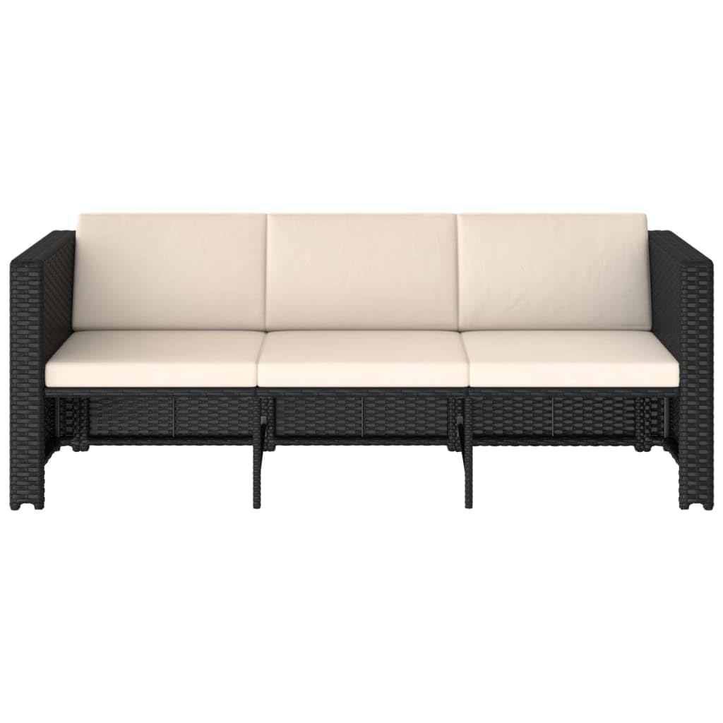 Juego de 4 muebles de jardín de polirratán, sofá de 3 plazas, mesa y 2 taburetes, cojines color blanco crema, ahorro de espacio