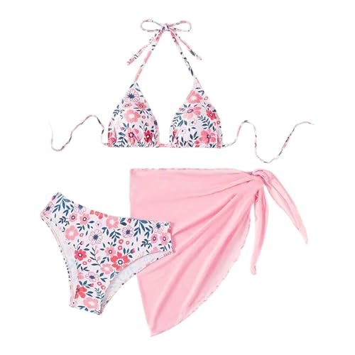 Image of Women 3-Piece Bikini Sets with Floral Pattern Halterneck Swimsuit with Cover Up Skirt Cute Swimsuit Set Swimming Costume Beach Vacation Holiday Essentials (S)