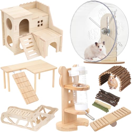 Hamster Toys Complete Set - Noiseless Silent Exercise Wheel Maze Wood House Stand Chew Toys & Water Bottle Cage Accessories for Hamster Rat Mice Small Animal Habitat