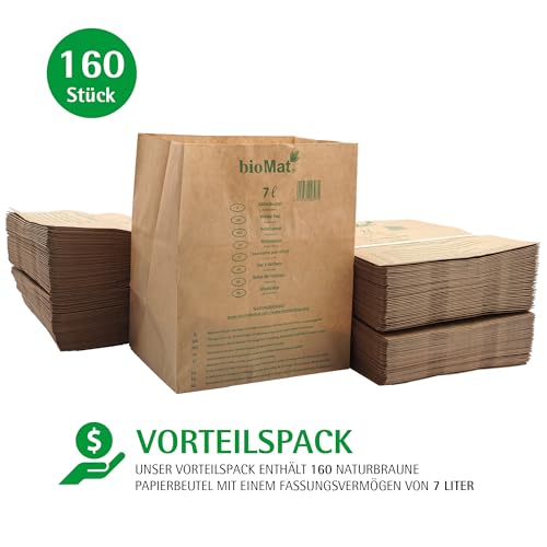 bioMat Kompostierbare 7l Biomülltüten aus Papier, 160 Biomüllbeutel aus Kraftpapier, Nassfest, Doppelter Boden, Made in Germany