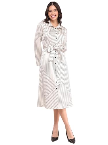 Image of FableStreet Women Formal Dress | Notch Collar Wrap Midi Dress with Self-Tie Belt & Button-Front | Smooth Viscose Rayon Fabric for Workwear & Day-to-Night Elegance