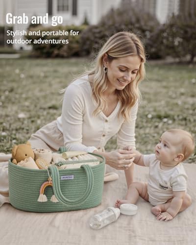 Image of Blissful Diary Baby Diaper Caddy Organizer, Cotton Rope Diaper Caddy Basket, Oval Storage Basket, Gift for Baby Shower, Newborn Essentials, Green
