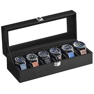 SONGMICS Uhrenbox mit 6 Fächern, Uhrenbox, Schatulle, Glasdeckel, abnehmbare Polster, Schloss aus