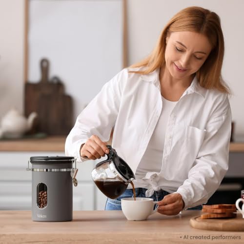 Image of Veken Coffee Canister with Window, Airtight Stainless Steel Container, 22OZ | Date Tracker,Kitchen Food Storage Organizers for Beans, Ground, Espresso, Rice,Tea, Sugar,Cereal, Gifts,Lids,Jars, Scoop,Grey