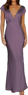 Womens Summer Satin V Neck Cap Sleeve Backless Maxi Dress Elegant Twist Cut Out Midi Dresses Wedding Guest