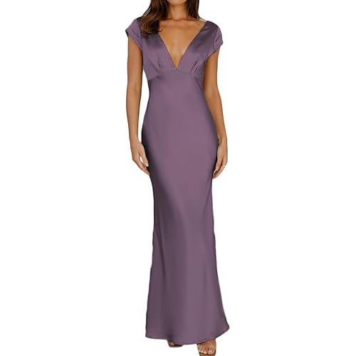 Halfisland Womens Summer Satin V Neck Cap Sleeve Backless Maxi Dress Elegant Twist Cut Out Midi Dresses Wedding Guest