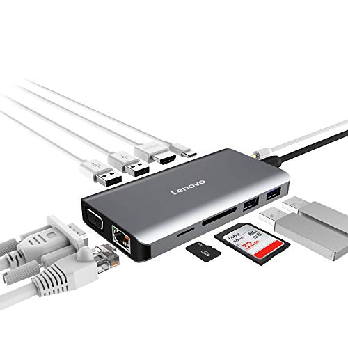 Lenovo USB C Hub, Type C Adapter With 4K HDMI, VGA, Gigabit Ethernet, USB C PD Power Delivery, USB 3.0, USB 2.0, SD/TF Card Reader, Audio Jack, Compatible For USB Type C Devices Lenovo USB C Hub, Type C Adapter With 4K HDMI, VGA, Gigabit Ethernet, USB C PD Power Delivery, USB 3.0, USB 2.0, SD/TF Card Reader, Audio Jack, Compatible For USB Type C Devices