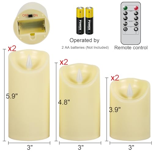 Image of GenSwin Flameless Candles with Remote Timer, 6Pcs Ivory Indoor LED Battery Operated Candles, Won't Melt, Plastic Pillar Candle with 3D Wick for Home Party Decor Table Centerpieces(D3 inch x H4 inch5 inch6 inch)