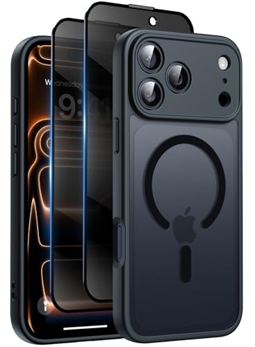 Helssitot Coque Magnétique pour iPhone 17 Pro avec 2 Verre Trempé Anti-Espion, Compatible avec MagSafe, Étui Mat Translucide Arrière Housse Antichoc Anti-Rayures pour iPhone 17 Pro, Noir