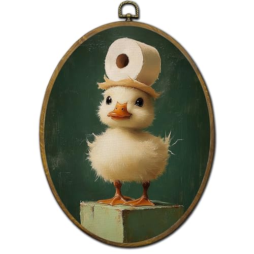 QZQE Funny Baby Duck Bathroom Oval Wall Art Decor Framed, Animal Bathroom Oval Canvas Prints, Rustic Farmhouse Duck with Toilet Paper Wall Hanging Decor for Washroom Restroom Toilet, 8.6x11.4 Inch by QZQE - Used condition - US$13.41