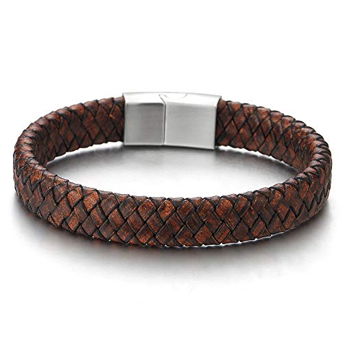 COOLSTEELANDBEYOND Men Women Vintage Brown Braided Leather Bracelet, Leather Bangle Wristband with Steel Magnetic Clasp