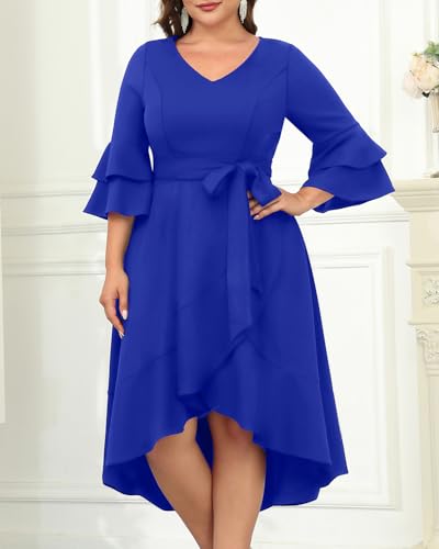 Image of Plus Size Wedding Guest Dress - Double Bell Sleeve High Low Split Dresses