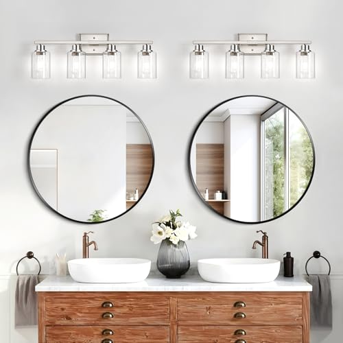 Image of Unicozin 4-Light Bathroom Light Fixtures, Modern Vanity Lights with Clear Glass Shades, Brushed Nickel Bathroom Wall Lamp for Mirror Living Room Cabinet Bedroom