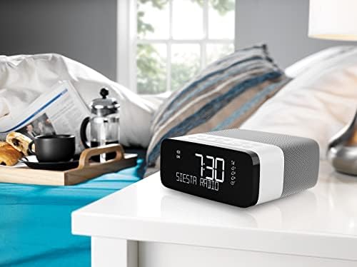 Pure Siesta Rise DAB+/DAB/FM Digital Radio Alarm Clock, Bedside Clock DAB Radio with USB Phone Charging, CrystalVue Auto-Dim Display, 3 Radio or Tone Alarms and 20 Station Pre-Sets, Black and White