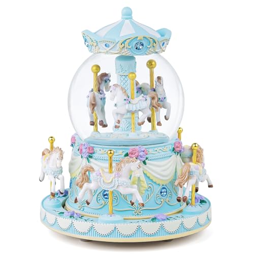 Caja de música de carrusel de regalo, globo de nieve de caballo azul carrusel para esposa, novia, hija, mamá, hijo, cumpleaños, aniversario, San Valentín, Merry Go Round con luces, Play You Are My