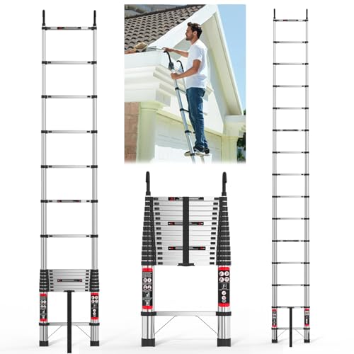 Échelle Télescopique 5m en Acier, Échelle Pliante et Robuste avec Crochets, Antidérapante Marchepieds Escamotables, Charge 150kg, Échelle Multifonction pour Toiture, IIntérieur, Extérieur, Jardin