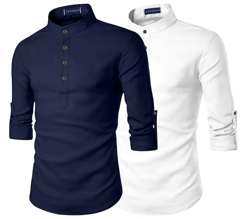 Image of Zombom Men's Combo Cotton Polyester Blend Solid Full Sleeve Straight Regular Fit Mandarin /Chinese Collor Kurta (Pack of 2)