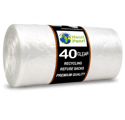 HooriPoori 100L 40 Extra Large Strong Clear Recycling Bags 35 m Thick Leak Tear Resistant Transparent Bin Liners See Through Heavy Duty Bin Bags Refuse Sacks 100% Recycled Material & Eco Friendly