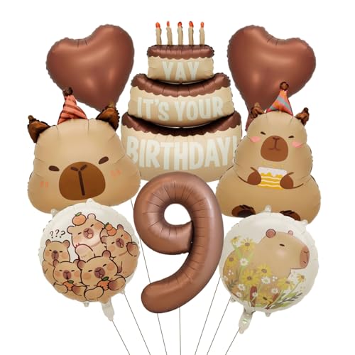Image of Capybara Birthday Foil Balloon Set, 8-Piece Party Decor (9) | Reusable foil balloon set with capybara, cake,number . Perfect for birthday, baby shower, gender reveal & themed parties