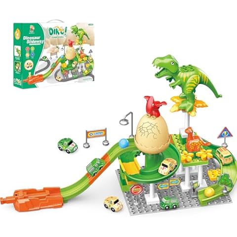 Marble Run Building Blocks for Kid - 2-in-1 Dinosaur Building Blocks with 4 Vehicle and 1 Marble Balls, STEM Toy Bricks Marble Maze Race Track Set for Kid Age 3 4 5 6 7 8 Years Old (Dinosaur) Cover