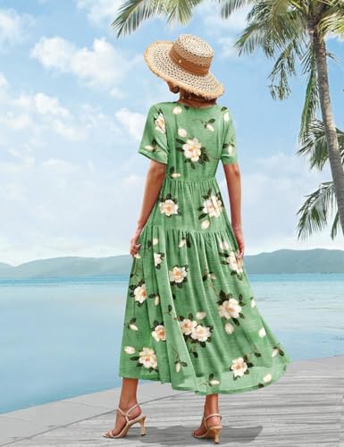 Image of YESNO Women Casual Loose Bohemian Floral Dress with Pockets Short Sleeve Long Maxi Summer Beach Swing Dress EJF