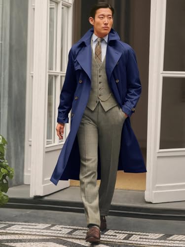 Image of Runcati Mens Trench Coat Double Breasted Notched Lapel Casual Belted Windbreaker Fall Classic Long Jacket Overcoat