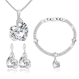 Menton Ezil Blissful Heart Crystal Jewelry Sets For Women 18K White Gold Plated Bracelet Necklace and Earrings Sets for Wife Girlfriend or Mothers Idea Gift for Special Women in Life, White