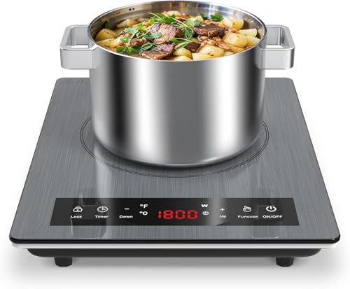 VBGK Placa de Inducción Portátil, 1800W Vitro Portatil, 10 Niveles de Calentamiento, Potencia y Temperatura Regulable, Temporizador, Bloqueo para Niños, Controles Táctiles, Fácil Limpieza