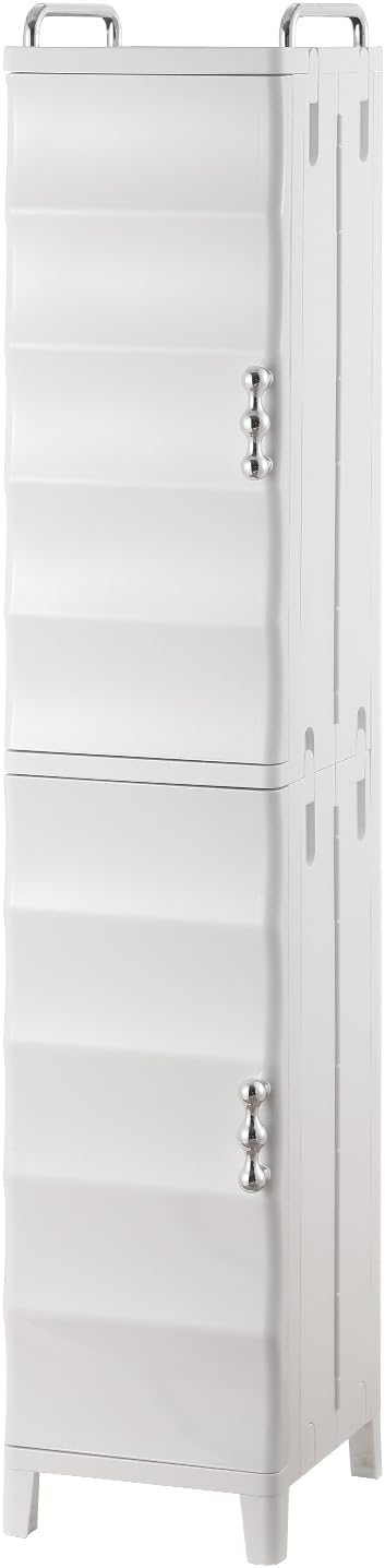 Slim Bathroom Storage Cabinet, Tall Narrow Storage Cabinet with Adjustable Shelves & Magnetic Doors, Plastic Slim Cabinet for Small Spaces, Bathroom, Kitchen, Laundry (White)