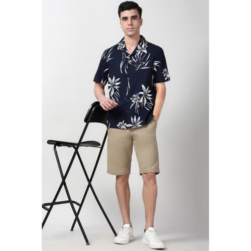 Image of Peter England Men's Cotton Blend Classic Fit Floral Print Casual Shirt | Cuban Collar, Half Sleeves | Casual Wear