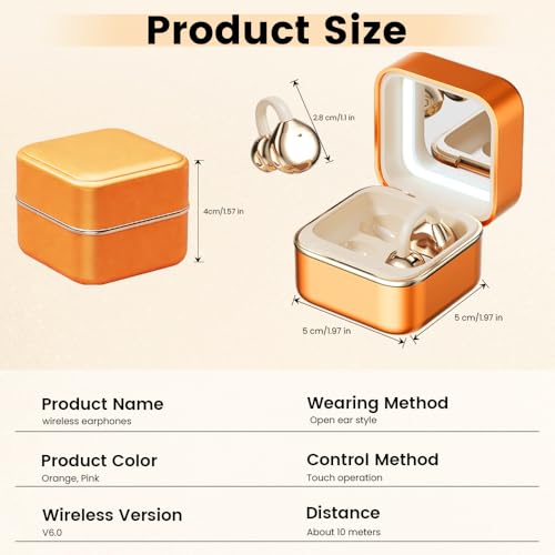 Image of Clip On Ear Headphones with a Makeup Mirror, Open Ear Earbuds Wireless Bluetooth Earbuds,Ultra-Long Battery Life, for Android /iOS Phones (Orange Color)