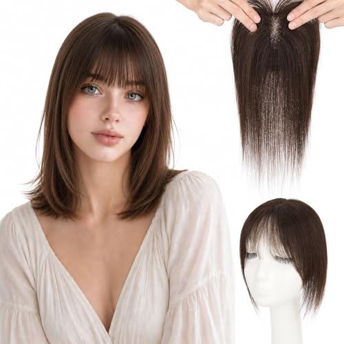 SLEEKALON Human Hair Toppers For Women Real Human Hair 360° Cover Air Bangs Toppers Thin Lightweight 3.1"x4.3"Lace Base Short Clip in Hairpieces 10 Inch #02 Dark Brown