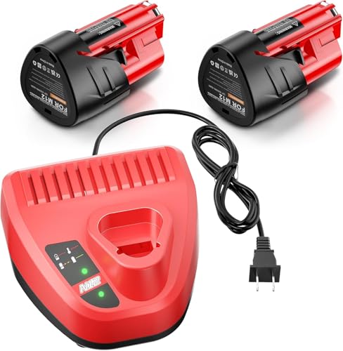 Image of 2 Pack M12 12-Volt Lithium-Ion 3.5Ah Battery and Charger Replacement for Milwaukee M12 Battery Compatible with Milwaukee 12V Battery Charger XC Lithium 48-11-2411 48-11-2420 48-11-2401 48-11-2402