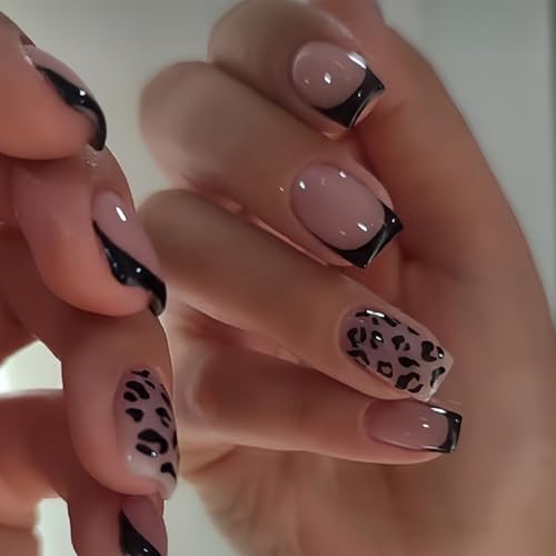 Fall Press On Nails Short Square Leopard print Black French Tip