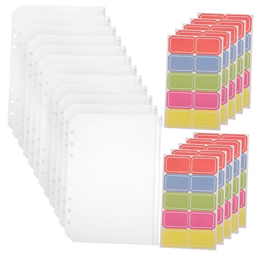 Parliky 12個 ルーズリーフバインダーポーチ 対応ファスナー付き収納バッグ 書類整理用透明ファイルポケット 付箋ラベル付きオフィス文具