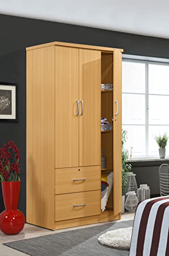 Hodedah 3-Door Armoire with 2-Drawers, 3-Shelves in Beech - Thumbnail 7