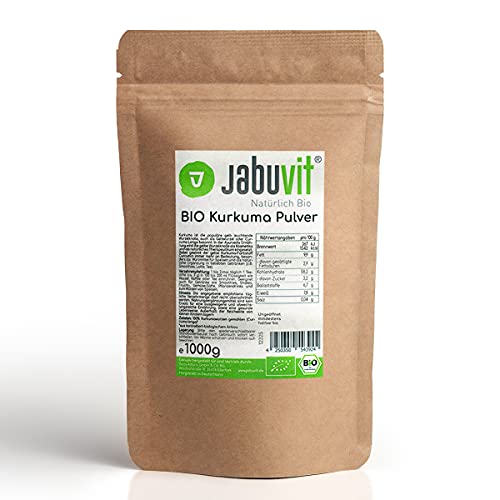 JabuVit-BIO Kurkuma Pulver, hochwertiges BIO zertifiziertes Kurkuma, hoher Curcumingehalt, wertvoller Antioxidant, umweltschonende Verpackung, bis zu 300 Portionen-Made in Germany- 1000g Beutel Cover