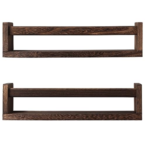Image of JORIKCHUO Nursery Book Shelves, Set of 2 Wood Floating Book Shelves for Kids Room, Kitchen Spice Rack, or Rustic Wall Mounted Shelves for Farmhouse Bathroom Décor (Carbon Brown)