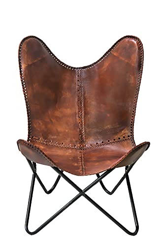 cuero Classy Handmade Dark Brown Leather Butterfly Chair Living Room- Side Hand Stich Leather Chair-Handmade with Powder Coated Folding Black Iron Frame (Cover with Folding Frame)