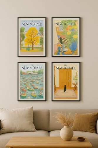 Image of Yellow Town India THE NEW YORKER Art Prints | Set of 4 A4 Posters with Wall Friendly Adhesive | 300 GSM Unframed Girly Moodboard Aesthetic Posters for Room Decor