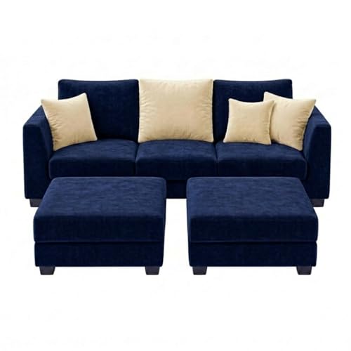 Image of SOCOZI Trevano 5 Seater L Shape Sofa Set with 2 Movable Ottomans | Flexible Layout| Soft Velvet Suede Fabric|Modern Sofa | Plush Comfort Cushions for Living Room (Cream-Dark Blue)