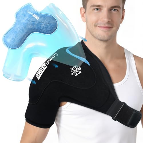 ComfiTECH Dual-Gel Shoulder Ice Pack Wrap with 30-Min Cooling for Muscle Comfort, Adjustable Rotator Cuff Shoulder Brace for Surgery Recovery, Flexible Cold Compression Sleeve for Baseball & Tennis, L