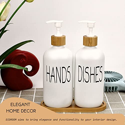 Image of Glass Soap Dispenser Set. Hand Soap and Dish Soap Dispenser with Bamboo Tray. Vintage Soap Dispenser with Pump for Kitchen Sink and Bathroom. Stylish Permanent Labels (Matte White)