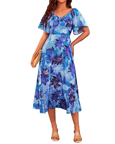 Image of Fashionme Womens Dresses 2026 Maxi Dresses Deep V Neck Elegant Bow Tie Front Cap Sleeve Summer Floral Satin Smocked Dress