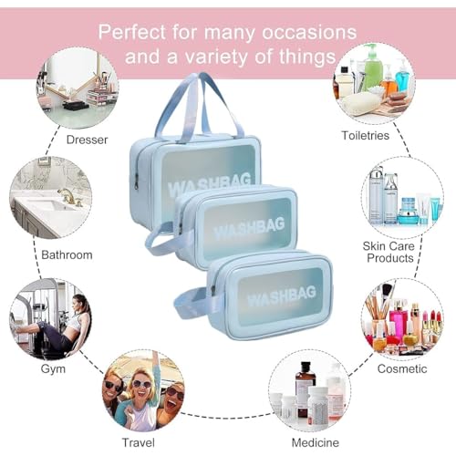 Image of KASHIVAL 3-Piece Clear Travel Toiletry Bags Set, Waterproof Transparent Makeup Organizer Pouches with Zipper, Large Medium Small Cosmetic Storage Cases with Carrying Handle (Blue)