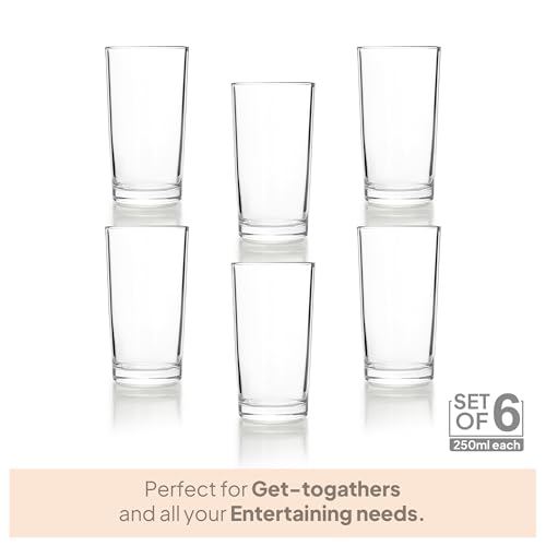 Image of CELLO Liberty Hi-Ball Glass Set of 6 Pcs 250ml, Transparent | Freezer & Fridge Safe, Leadfree Dishwasher Safe Toughened Crystal Clear Glasses Set for Drinking Water Juice Milk Cocktail Mocktail Soda