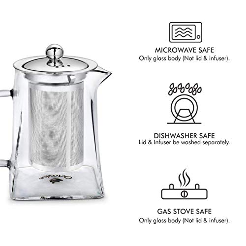 Image of Borosilicate Glass stovetop Kettle with Stainless Steel Infuser teapot to Infuse Tea Coffee Black Tea harbal kadha Tea Pot for Making Green Tea (Square Teapot 750ML)