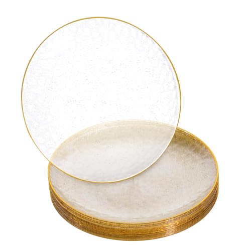 STACKABLES Paquete de 20 platos de plástico martillados dorados con purpurina de 7 pulgadas con borde dorado, platos de boda de bricolaje, platos de fiesta reutilizables y ligeros